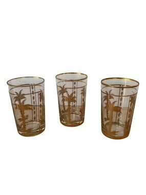 Vtg MCM Gold Palm Tree Design Drinking Glasses Tumblers Gold Accents Set of 3
